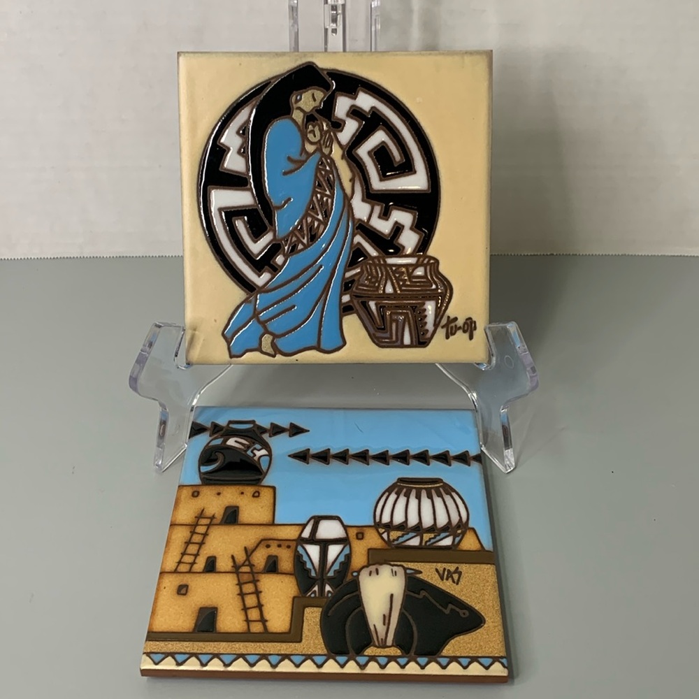 Two Earthtones 1990 Vintage Collectible Hand Painted Tiles 6x6 Trivets Tiles